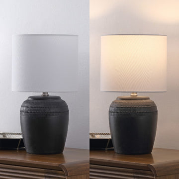 Hugo 16.75" Traditional Rustic Reeded Ceramic Vase LED Table Lamp, Set of 2